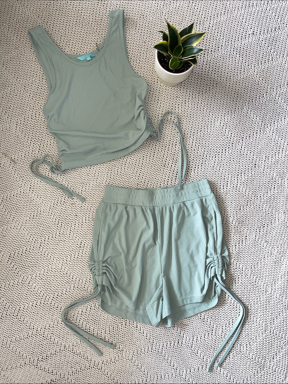 Ribbed Tank Crop Top with Side Drawstrings — Sage Green